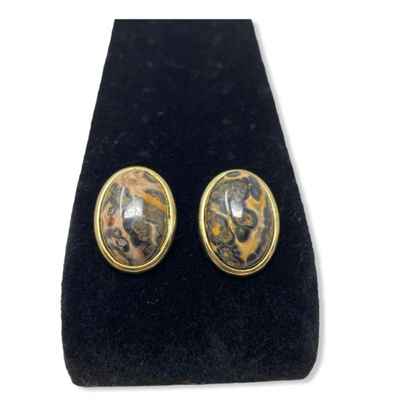 Gold Tone Leopard Skin Jasper Pierced ‎ Earrings - Picture 2 of 3